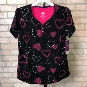 Healing Hands Purple Label Two Button Jewel neck Heart Patterned black Scrub Top